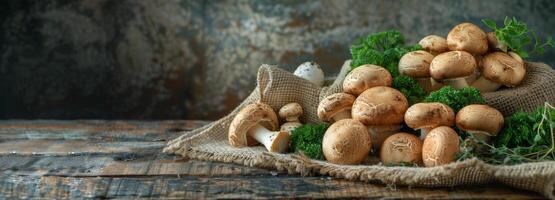 Fresh Brown Mushrooms on a Rustic Wooden Table With Burlap and Herbs photo