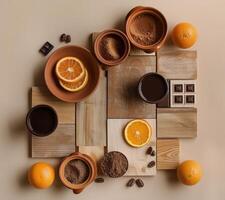marrón café tazas, naranja rebanadas, y café frijoles en un marrón antecedentes foto