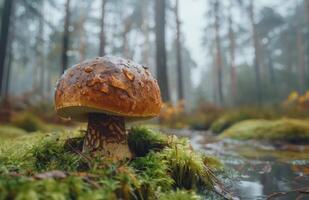 Large Red And White Mushroom Growing In A Forest Clearing photo