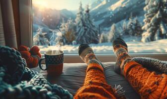 acogedor invierno día por el ventana con un taza de té y calentar calcetines foto