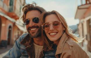 Happy Couple Riding Scooter Through Coastal Town at Sunset photo