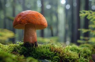 Large Red And White Mushroom Growing In A Forest Clearing photo