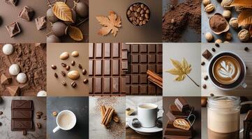 Collage of Coffee Beans, Chocolate, Cocoa Powder, and Citrus Fruits photo