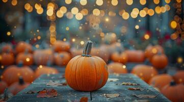 Single Pumpkin in the Rain on a Fall Evening With String Lights photo