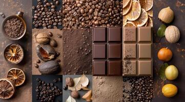 Collage of Coffee Beans, Chocolate, Cocoa Powder, and Citrus Fruits photo