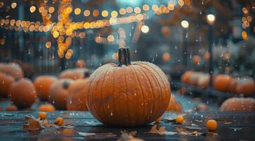 Single Pumpkin in the Rain on a Fall Evening With String Lights photo