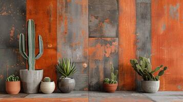 naranja y gris cerámico loseta pared con cactus plantas en ollas foto