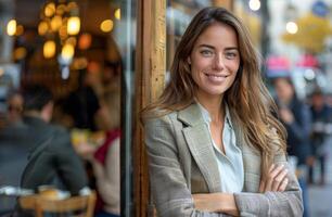 Smiling Woman Wearing Apron Stands Outside Coffee Shop photo