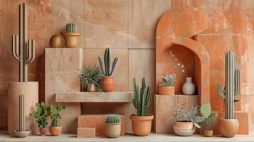 Terracotta Pots With Various Plants and Dried Flowers on a Neutral Background photo
