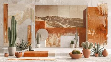 naranja y gris cerámico loseta pared con cactus plantas en ollas foto