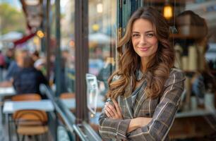 sonriente mujer vistiendo delantal soportes fuera de café tienda foto