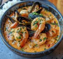 Spicy Seafood Soup With Rice and Fresh Herbs photo
