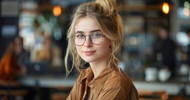 joven mujer con lentes mirando a cámara en café foto