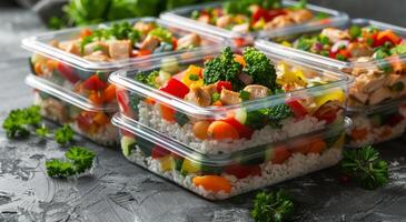 Prepared Meal Containers With Diced Mango, Chicken, and Rice photo