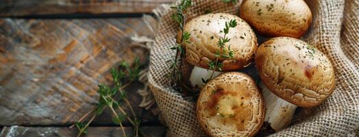 Large Brown Mushrooms in Burlap Sack on Wooden Table photo