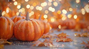 Pumpkins on Wooden Deck With Autumn Leaves and String Lights photo