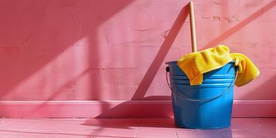 A Blue Cleaning Bucket With Yellow Mop and Cloth Against a Pink Wall photo