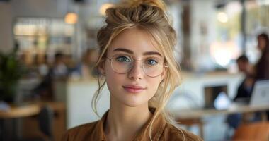 joven mujer con lentes mirando a cámara en café foto