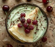 Close Up of a Stack of Crepes With Cherries and Whipped Cream in a Gray Bowl photo
