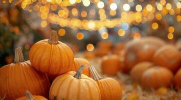 Pumpkins on Wooden Deck With Autumn Leaves and String Lights photo