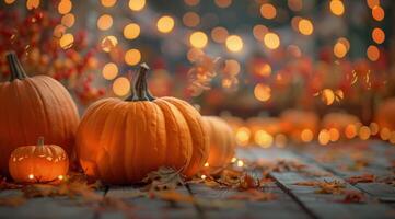 Pumpkins on Wooden Deck With Autumn Leaves and String Lights photo