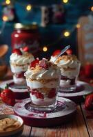 delicioso postre con azotado crema, frambuesa relleno, y desmoronarse Adición foto