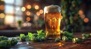 un refrescante vaso de cerveza con lúpulo en un soleado día foto