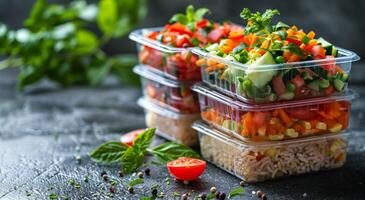 Prepared Meal Containers With Diced Mango, Chicken, and Rice photo