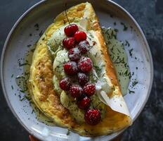 Sweet Crepe With Cherries and Green Sauce on a Plate photo