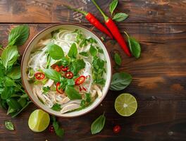 Chicken Pho Noodle Soup With Basil and Chili Peppers on a Wooden Table photo