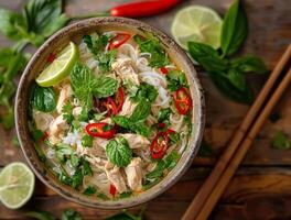 Chicken Pho Noodle Soup With Basil and Chili Peppers on a Wooden Table photo