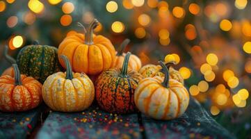 Pumpkins on Wooden Deck With Autumn Leaves and String Lights photo
