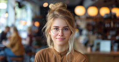 joven mujer con lentes mirando a cámara en café foto