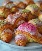 Close Up of Pink Glazed Croissants With Pistachios on White Marble Surface photo
