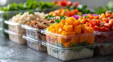 Prepared Meal Containers With Diced Mango, Chicken, and Rice photo