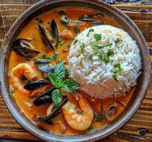 Spicy Seafood Soup With Rice and Fresh Herbs photo