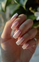 Close Up of White Ombre Nail Polish on a Womans Hand photo