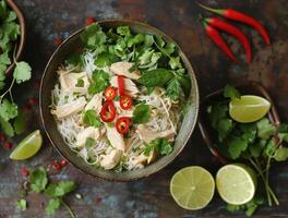 Chicken Pho Noodle Soup With Basil and Chili Peppers on a Wooden Table photo