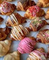 Freshly Baked Croissants With Pink Glaze and Sprinkles on Marble Countertop photo