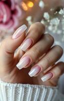 Close Up of White Ombre Nail Polish on a Womans Hand photo