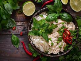 Chicken Pho Noodle Soup With Basil and Chili Peppers on a Wooden Table photo