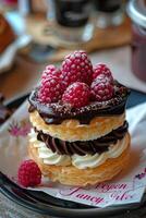 Fresh Raspberry and Chocolate Layered Dessert on White Paper photo