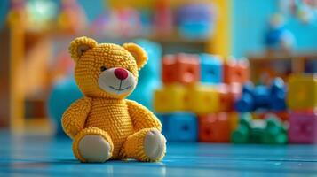 Plush Yellow Bear Sitting On Blue Floor In Playroom photo