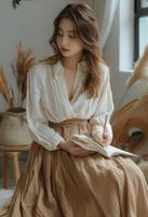 Woman Writing in Notebook by Window With Brown Skirt and White Shirt photo