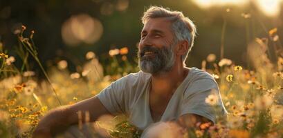 maduro hombre sonriente en un campo de flores silvestres a puesta de sol foto