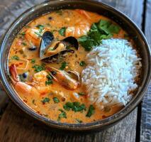 A Bowl of Spicy Seafood Soup With Rice, Mussels, and Shrimp photo