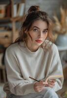 Woman Writing in a Book While Sitting in a Cozy Home Setting photo