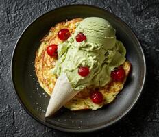 Sweet Crepe With Cherries and Green Sauce on a Plate photo