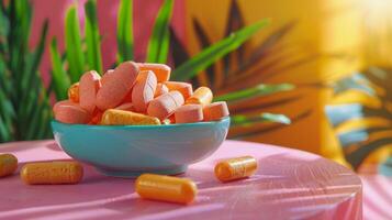 Wooden Bowl Filled With Yellow Supplements on Wooden Table With Flowers photo