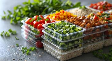 Prepared Meal Containers With Diced Mango, Chicken, and Rice photo